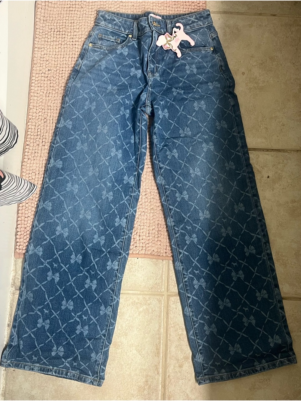 LoveShackFancy Blue Floral Lattice Wide-Leg Jeans